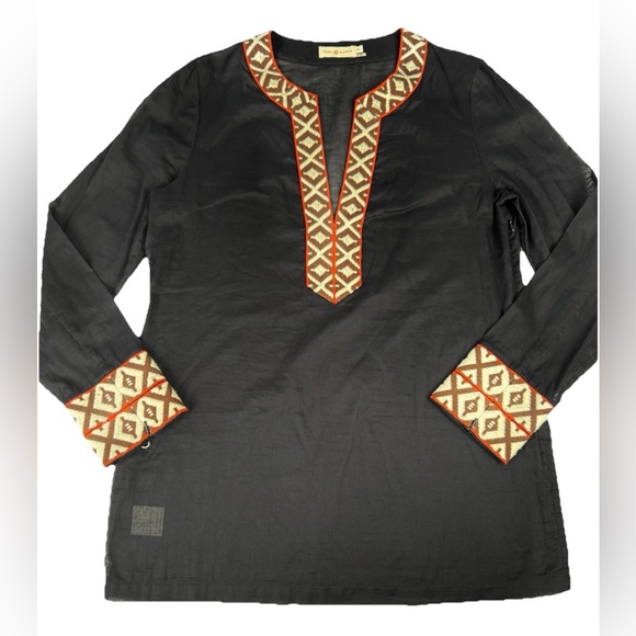 Tory Burch $295 Tunic Long Sleeve Top Size 12 Navy w/ Ivory Orange Brown Accents - Picture 2 of 14